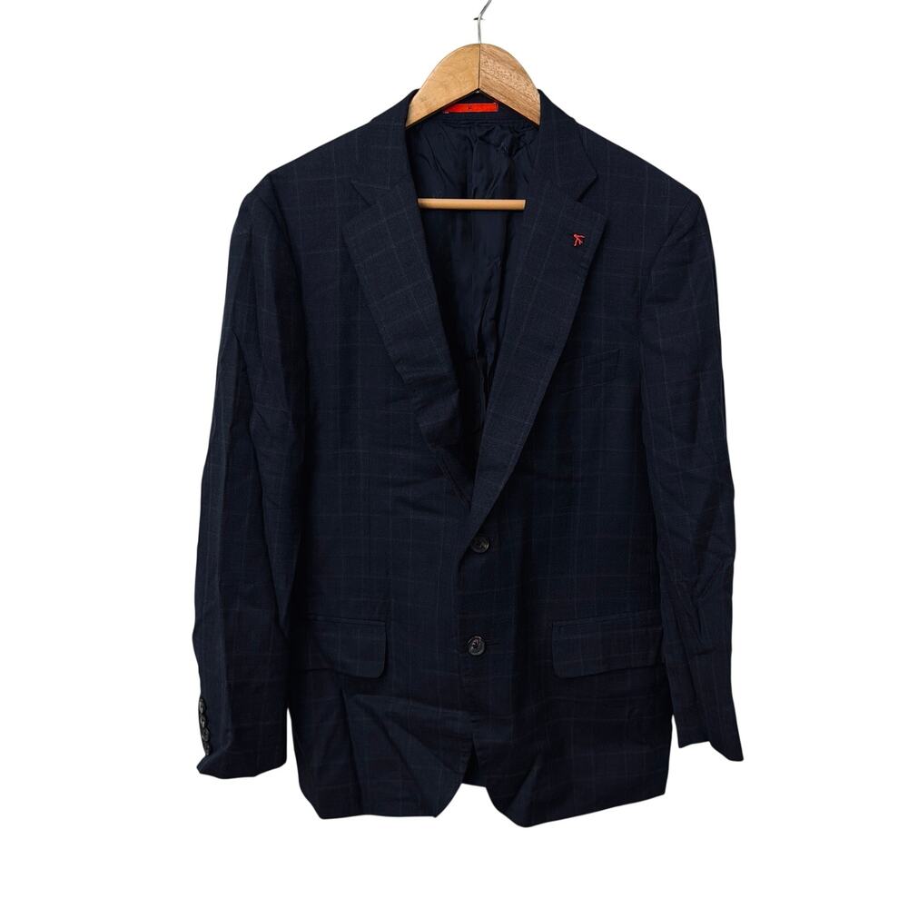 Isaia Napoli Blazer Mens 42 Blue Plaid Wool Gregory Trim Fit EU 52 Suit Jacket